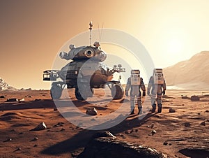 Two Astronauts in SpaceSuits exploring unknown planet