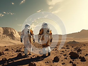 Two Astronauts in SpaceSuits exploring unknown planet