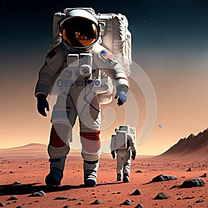 Two astronauts in spacesuits walk on the surface of Mars