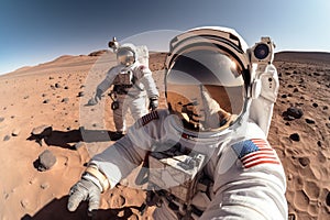 two astronauts taking a selfie in Mars surface