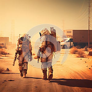 two astronauts walking along road in desert postapocalyptic city