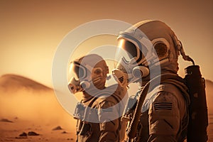 Two Astronauts Wearing Space Suit on Mars, Dusty Air, Dry Desert Mountains, Rocky Environment, Generative Ai