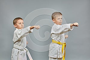 Two athletes make a punch on a gray background