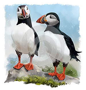 Two Atlantic Puffins on a rock