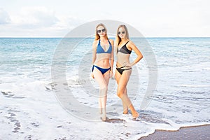 Two attractive sexy girls on the beach in bikini in sunglasses, against the background of the sea.
