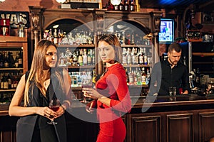 Two attractive young women meeting up in a pub for glass of red wine sitting at counter smiling each other