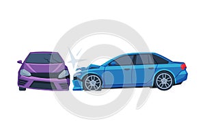 Two Automobiles Collision, Car Crash on Road, Auto Accident Flat Vector Illustration