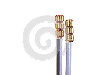 Two automotive electrical wires for pinout on a white background, isolate, copy space