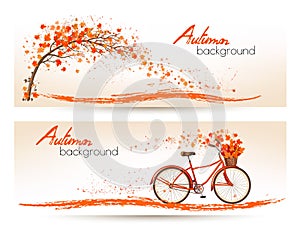 Two autumn banners with colorful leaves and bicycle