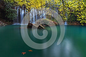 Two autumn leaves in an emerald lake with stunning waterfalls in deep green forest in Kursunlu Natural Park, Antalya, Turkey