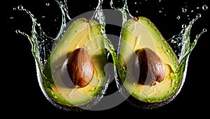 Two avocado is cut in half with a water splash on a black background.. Generative  AI