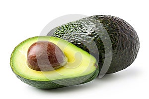 Two avocados, one whole and one halved isolated on transparent or white background, png, created by Generative AI