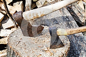 Two axes in block for chopping firewood