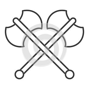 Two axes thin line icon. Crossed double axe, battle item symbol, outline style pictogram on white background. Warfare or