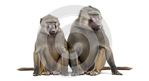 Two baboons sitting side-by-side on white background