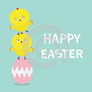 Two baby chick bird friends standing on painting pink egg. Happy Easter Chicken pyramid family set. Farm animal. Cute cartoon funn