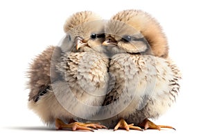 Two baby chicken cubs cuddle together on a white background. Generative AI