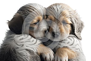 Two baby dog cubs cuddle together on a white background. Generative AI