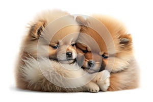 Two baby dog cubs cuddle together on a white background. Generative AI