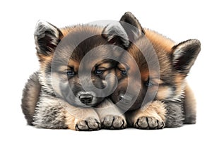 Two baby dog cubs cuddle together on a white background. Generative AI