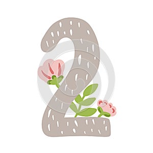 Two, baby kids monthly milestone, cute number 2 with flowers cartoon illustration.