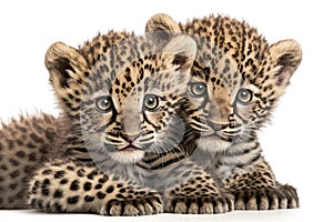 Two baby leopard cubs cuddle together on a white background. Generative AI