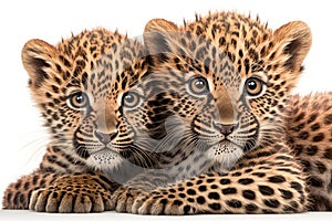 Two baby leopard cubs cuddle together on a white background. Generative AI