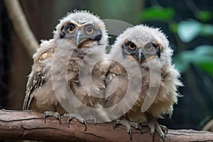 two baby owls, their heads tilted in opposite directions, perched on a branch