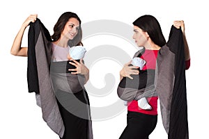 Two babywearing mothers with woven wraps carriers