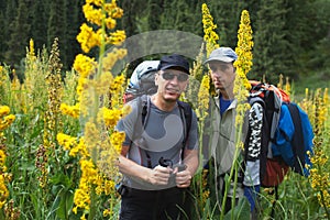 Two backpakers and blooming flowers