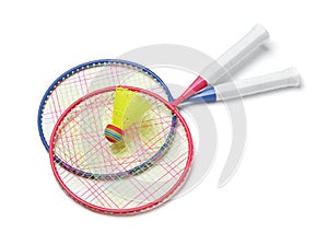 Two badminton rackets and shuttlecock