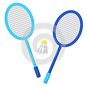 Two badminton rackets and shuttlecock. Set for playing sport game. Volant and badminton racquets in simple flat style
