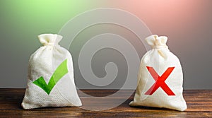 Two bags with a green check mark and a red cross. Risk planning. Advantages and disadvantages. Useful and harmful properties