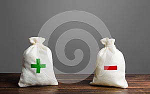 Two bags with green plus red minus. Summary and balance sheet. Income and expenses. Trade balance budgeting. Financial management