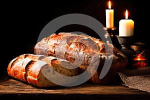 Two baked breads lie on a weathered wood table with lighted candles in the blurry background.