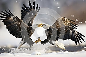Two bald eagles fighting in snow while flying
