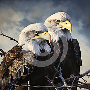 Two bald eagles sitting on a branch