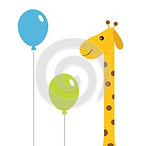Two balloons. Giraffe with spot. Zoo animal. Cute cartoon character. Long neck. Wild savanna jungle african animals collection. Ed