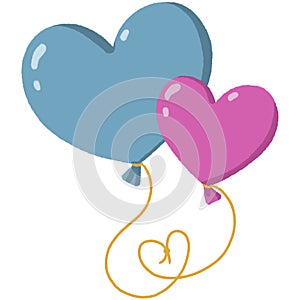 Two balloons in the shape of big and small hearts in pink and blue colours with yellow string on white background