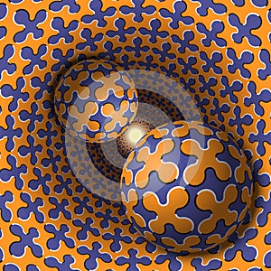 Two balls are moving in hole. 3d objects of cruciform shapes pattern. Optical illusion abstraction in a surreal style