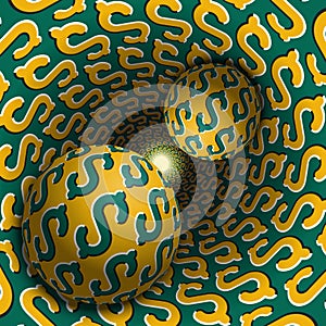 Two balls are moving in hole. 3d objects of dollar sign pattern. Optical illusion abstraction in a surreal style