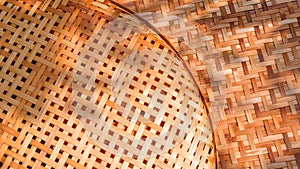 Two bamboo threshing baskets texture background with sunlight and shadow on surface, top view with copy space