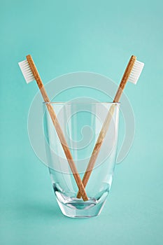 Two bamboo toothbrushes in a glass