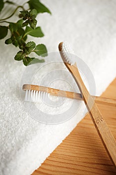 Two bamboo toothbrushes on white towel