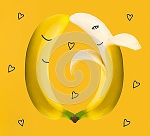 Two bananas, husband and wife couple love on with hearts background