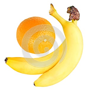 Two bananas and orange