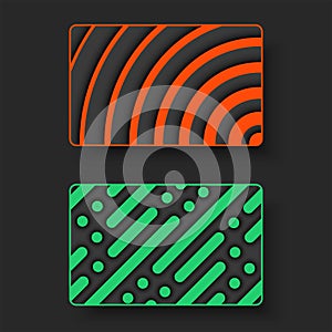 Two bank cards blank mockups bright green and orange with 3d geometric pattern ripples circles and dot dashes on a dark background