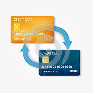 Two bank plastic credit card with arrows - non-cash money transfer and banking transaction concept.