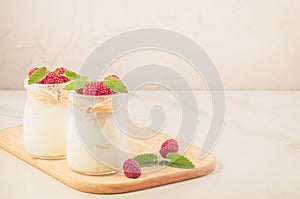 two banks with yogurt with raspberry and mint/two banks with yogurt with raspberry and mint on a wooden tray, copy space