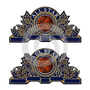 Two banner with basketball ball in center of blue banner with gold pattern from star and flower. Sport logo for any team or compet